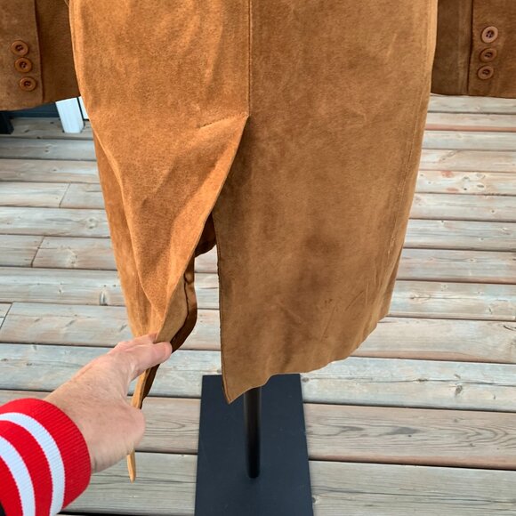 Vintage Bagatelle Camel Suede Leather Long Midi Overcoat Blazer Trench Coat - Picture 7 of 16